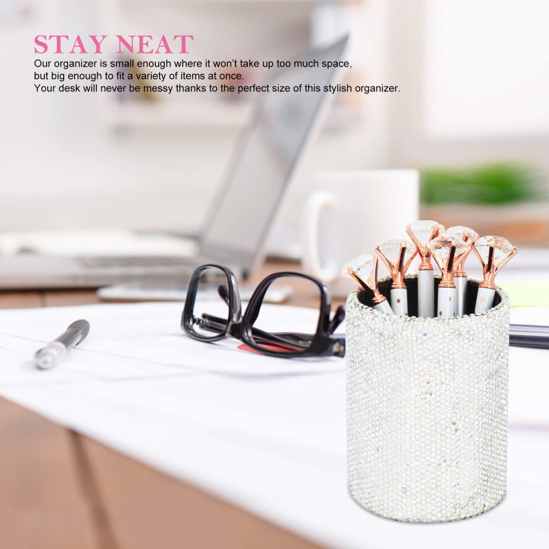 KEYPOWER Crystal Pencil Pen Pot Holder Box Bling Rhinestone Pen Organizer Holder Cosmetic Pencil Container Comb Brushes Personalized (Round) - Image 4